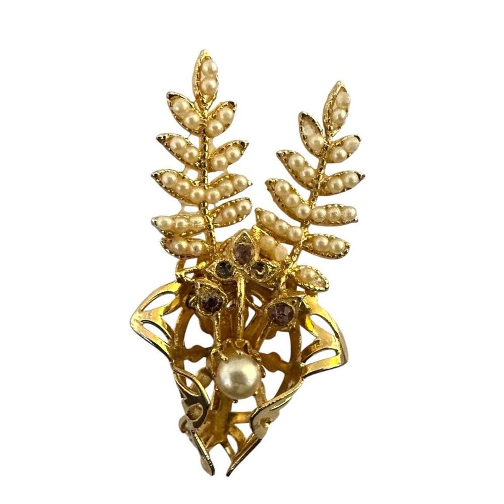 Vintage Gold Tone Brooch Pin Faux Pearl Flower‎ Bouquet Accent Jewelry
